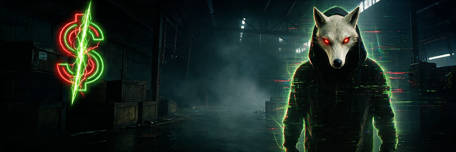 A neon dollar sign crackles with green lightning as a glitching figure raises a rusted cleaver in an abandoned warehouse
