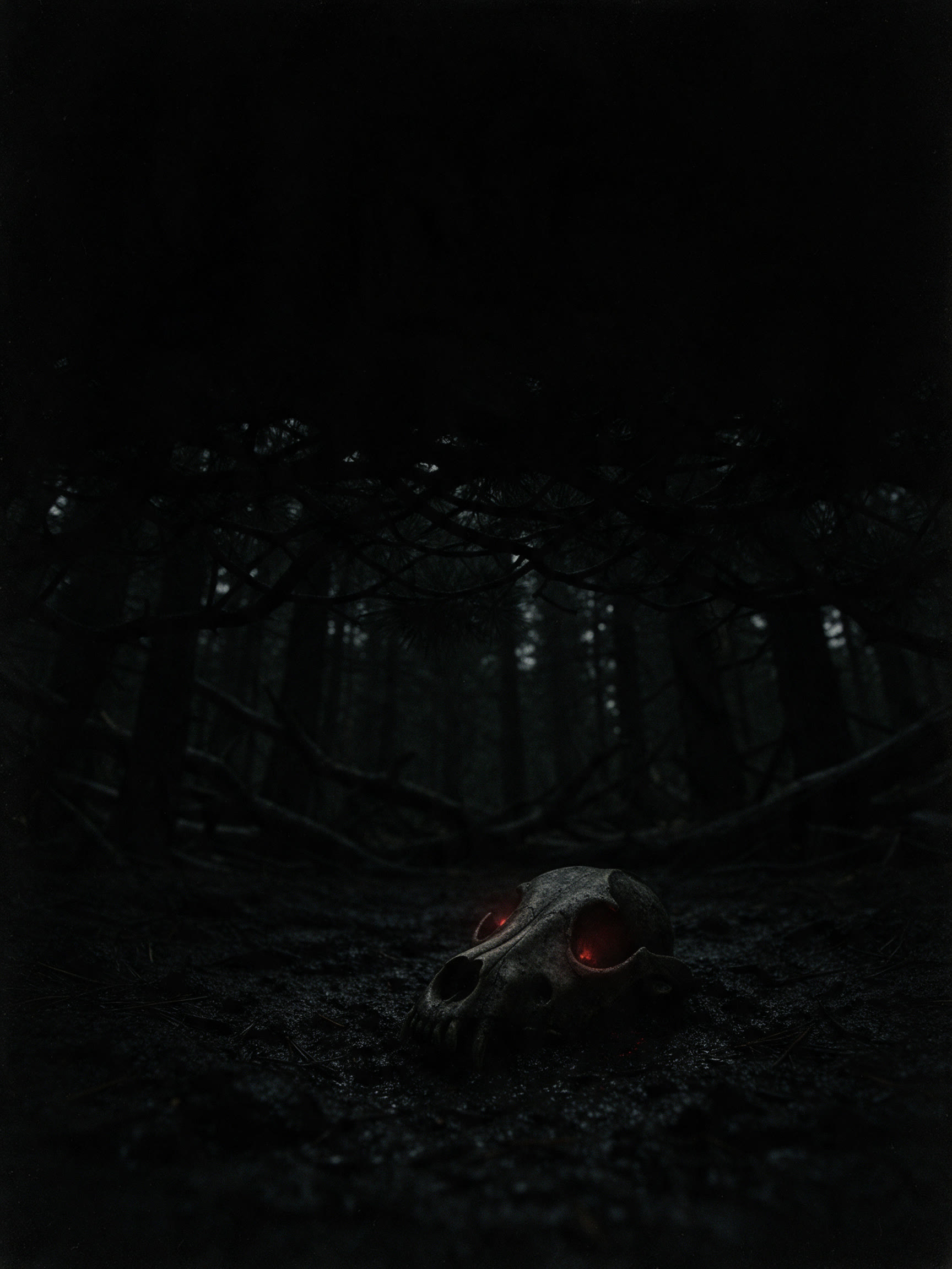A dark forest clearing at night, a wolf skull half-buried in black mud
