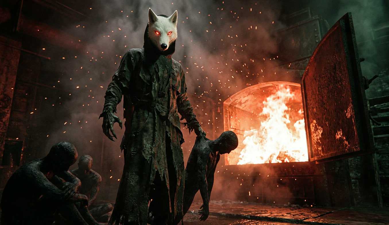 A hooded figure drags something toward a roaring incinerator while figures huddle in the shadows of the furnace room